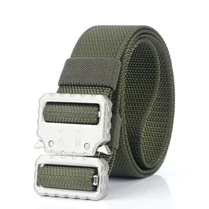 Close-up of military green tactical belt with quick-release metal buckle and 5KN force specs