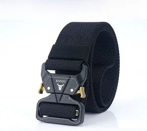 Close-up of black tactical nylon belt with metal buckle and ENNIU logo detailing