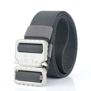 Detail of tactical nylon belt with metal quick-release buckle and laser-etched tension specs