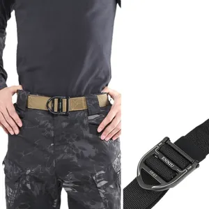 Tactical nylon belt with quick-release alloy buckle and reflective strip on model and detail
