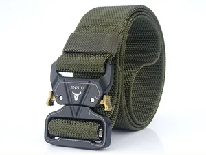 Close-up of military green nylon tactical belt with matte black metal quick-release buckle