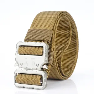 Macro detail of khaki tactical belt with silver metal quick-release buckle and 5KN markings