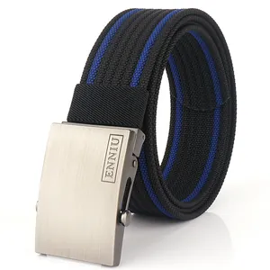 Men's casual nylon braided belt with matte silver buckle and blue striped pattern