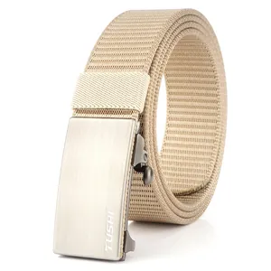 Close-up of light khaki nylon woven belt with a brushed metal automatic buckle