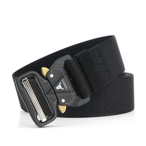 Detail of military tactical belt featuring a matte metal quick-release buckle and nylon webbing