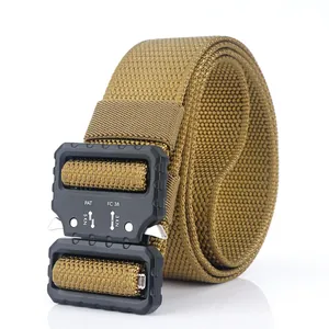 Close-up of khaki tactical nylon belt with black metal quick-release buckle detailing