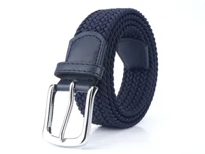 Detail of dark blue elastic woven belt with classic silver metal buckle and leather trim