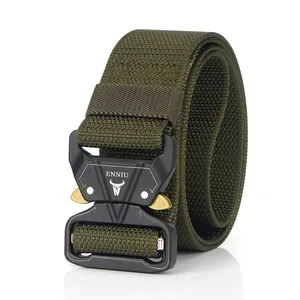Detail of army green nylon tactical belt featuring a heavy-duty black quick release buckle