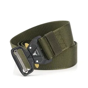 Close-up of olive green tactical nylon belt with metal quick-release cobra buckle