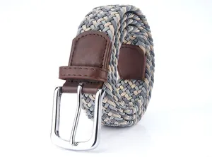 Detail of grey elastic woven canvas belt with brown leather trim and silver metal pin buckle