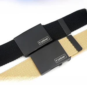 Detailed close-up of zinc alloy buckle and durable nylon canvas belt textures