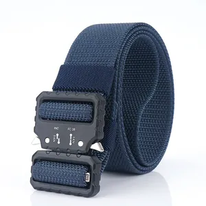 Tactical dark blue nylon belt with black metal quick-release buckle and 5KN load rating