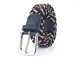 Detailed view of elastic woven belt with silver pin buckle and navy blue leather accents