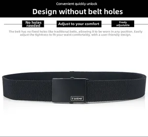Detail of black woven canvas belt with matte metal buckle and holeless adjustable strap