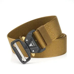 Detailed macro view of heavy duty nylon tactical belt with black metal quick release buckle