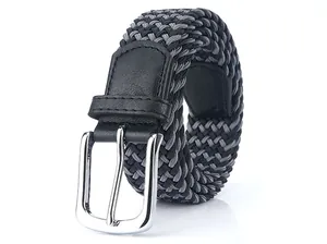 Detail of grey and black woven elastic belt with silver metal buckle and leather trim