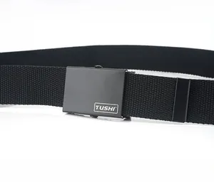 Detailed view of black woven tactical belt with zinc alloy quick-release buckle