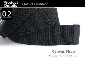 Macro detail of high-density black woven canvas belt strap with industrial metal buckle