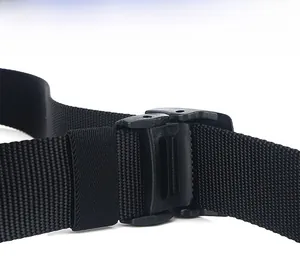 Close-up of durable black nylon tactical belt featuring a quick-release plastic buckle