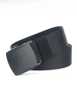 Close-up of black nylon woven tactical belt with matte automatic buckle and fine texture