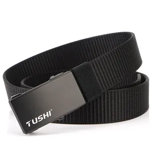 Men's black nylon woven belt with an automatic metal buckle by Tushi brand