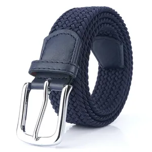 Navy blue elastic woven canvas belt for men and women with polished silver pin buckle