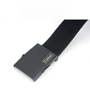 Detail view of the durable black woven canvas strap and matte metal slider buckle with logo
