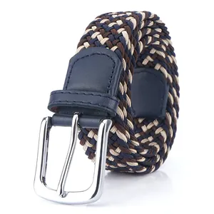 Braided elastic stretch belt in navy and brown for men and women with silver buckle