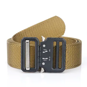 Khaki tactical nylon belt with heavy duty black metal quick release cobra buckle