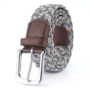 Elastic woven canvas belt 3.4cm wide with silver pin buckle for men and women