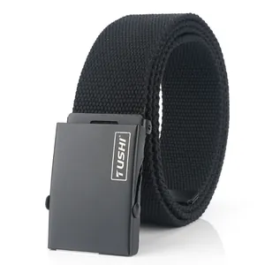 Men's black woven canvas belt with matte metal buckle and minimalist TUSHI logo