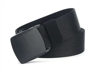Close-up of durable black nylon webbed belt with smooth automatic plastic buckle