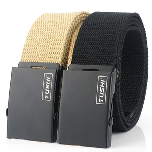 Classic woven canvas belts in khaki and black with matte black alloy buckles