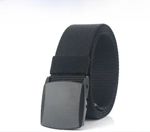 Detail of black quick-dry nylon tactical belt featuring a matte plastic automatic buckle