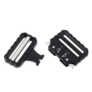 Macro detail of FC38 tactical quick release buckle with 3KN and 5KN load rating marks