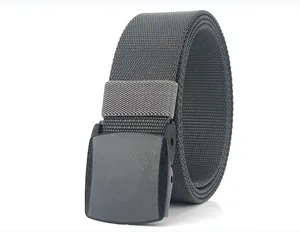 Macro shot of dark grey nylon tactical belt with matte black automatic buckle detail