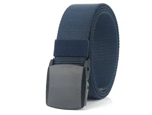 Detail of navy nylon web belt featuring a black matte automatic buckle and woven texture