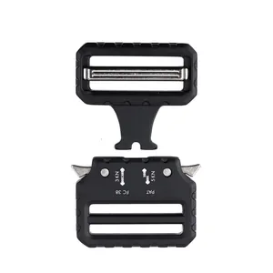 Detail view of 39mm matte black tactical belt buckle with 3KN and 5KN load capacity