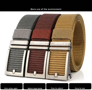 Zinc alloy buckle and nylon tactical belt shown in grey, brown and khaki colors
