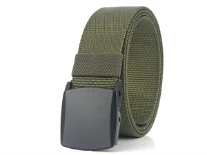 Close-up of military green nylon belt with matte black tactical buckle on white background