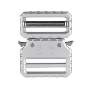 Detailed macro of 39mm quick release tactical zinc alloy cobra buckle with 3KN-5KN load rating