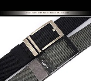 Close-up of matte alloy pin buckle and textured pearl fabric on nylon canvas belts