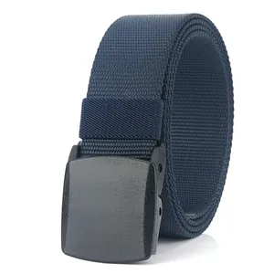 Men's navy blue nylon tactical belt with matte black automatic buckle on white background