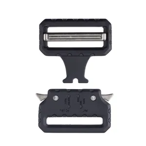 Detail of 38mm tactical metal cobra buckle with quick release mechanism and engraved specs