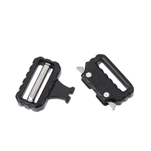 Macro detail of 25mm black tactical cobra buckle showing durable metal quick release mechanism