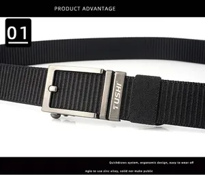 Detail of black nylon woven belt with brushed zinc alloy buckle and anti-slip texture
