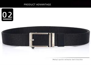 Detail of black nylon woven belt with matte metal automatic buckle and textured fabric