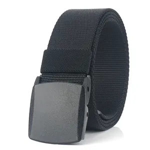 Men's casual black nylon woven tactical belt with automatic plastic buckle on white background