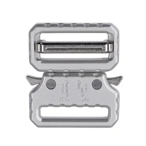 Macro shot of 38mm silver tactical cobra buckle showing load ratings and quick release