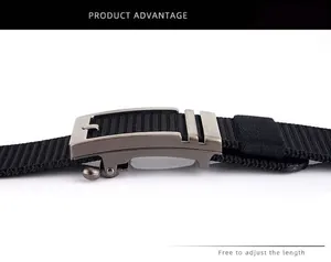 Detail of adjustable gunmetal alloy buckle and black nylon webbed belt texture